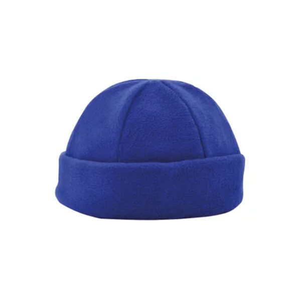 Blauwe fleece mutsen borduren, fleece mutsen laten borduren, geborduurde fleece mutsen, fleece mutsen borduren met logo