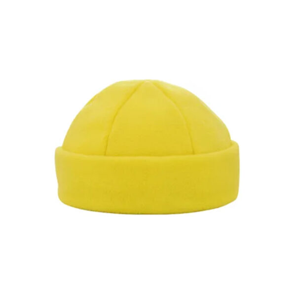 Gele fleece mutsen borduren, fleece mutsen laten borduren, geborduurde fleece mutsen, fleece mutsen borduren met logo