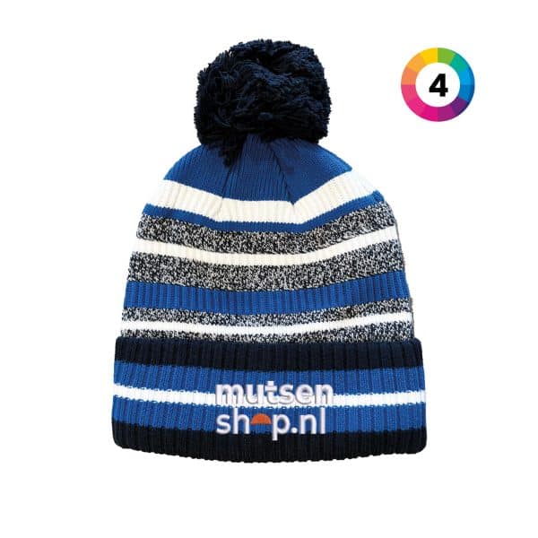 Gekleurde-Kleurrijke-mutsen-borduren,-gestreepte-mutsen-bedrukken,-kleurrijke-mutsen-met-pompon-borduren,-blauw-gestreepte-mutsen-borduren